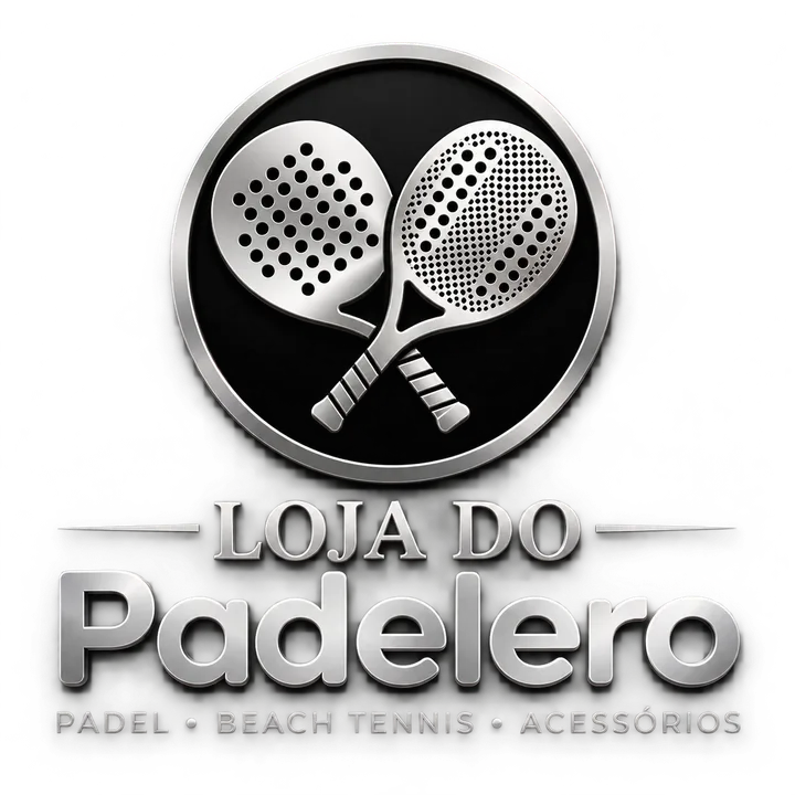 Logo da Loja do Padelero: emblema preto com duas raquetes de padel prateadas cruzadas e a frase padel, beach tennis e acessórios